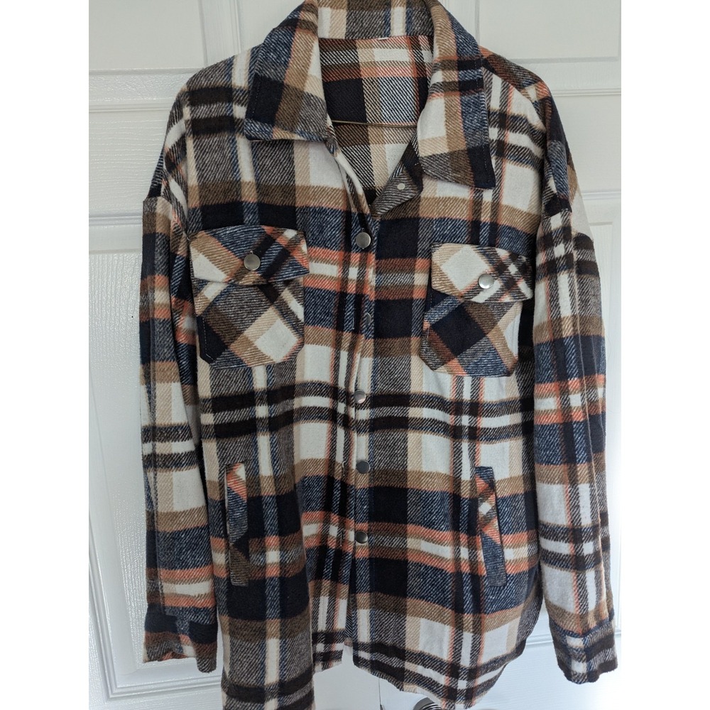 Woman Flannel Plaid Jacket Long Sleeve Shirt Shacket‎ Pockets Size Medium